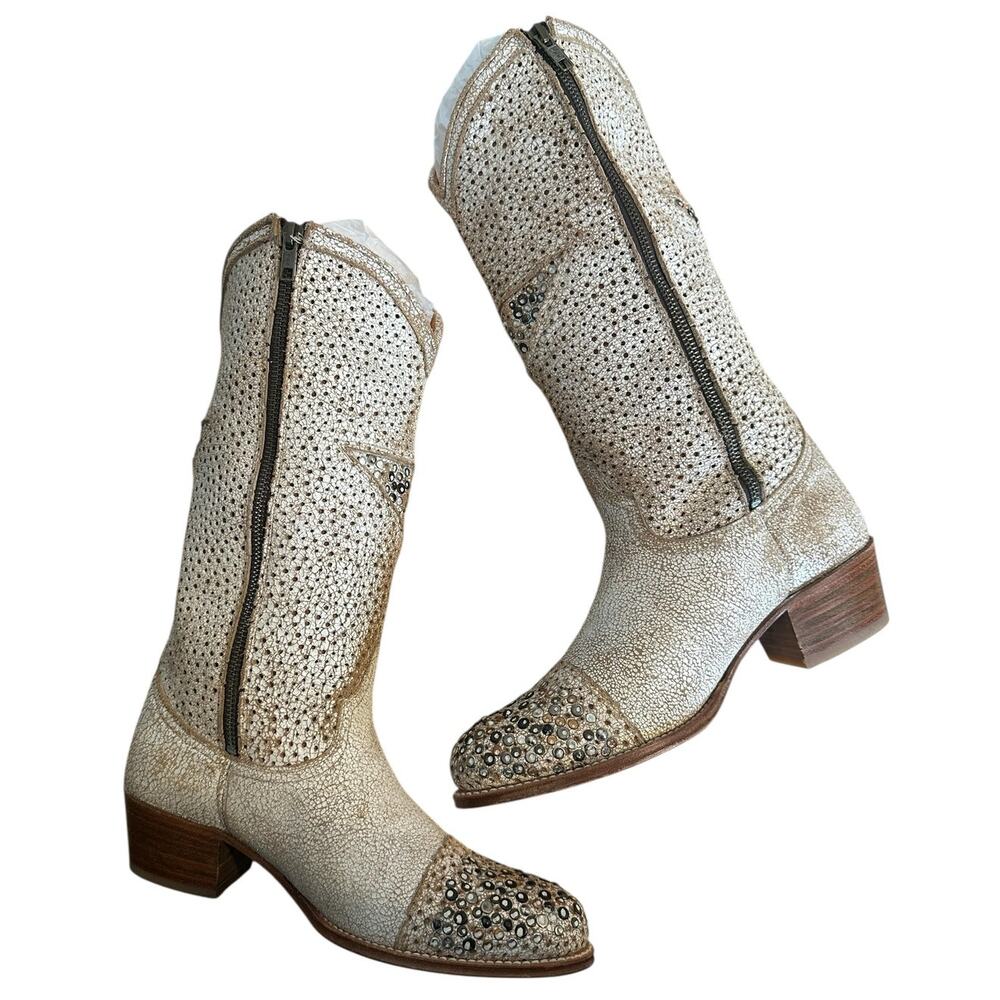 Frye Vintage Deborah White Studded Star Mid Calf Y2K Western Boots Size 7.5 - Picture 11 of 13